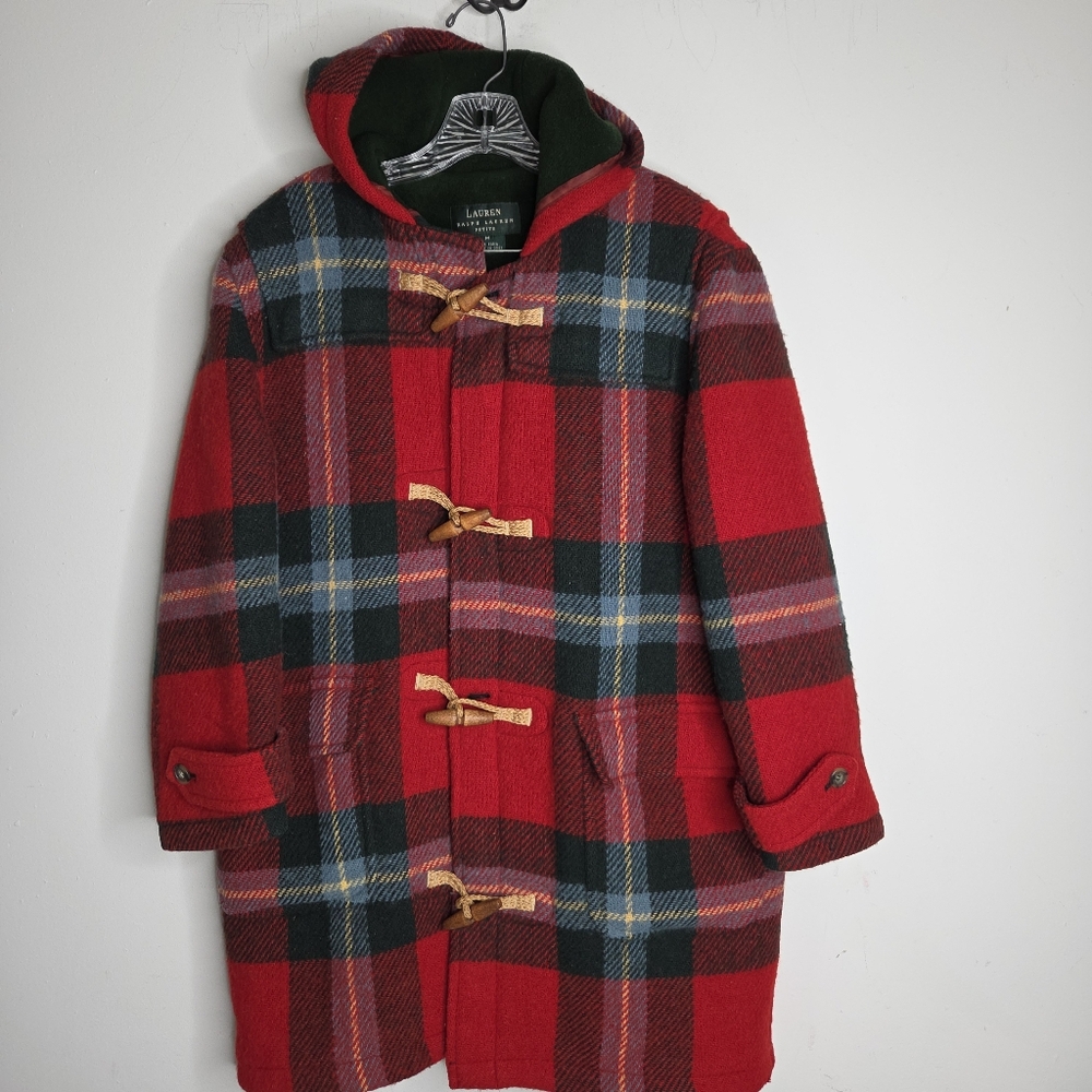 Louren Ralph Lauren Red Plaid Toggle pea Coat wool rare  winter Petite M - Picture 3 of 16